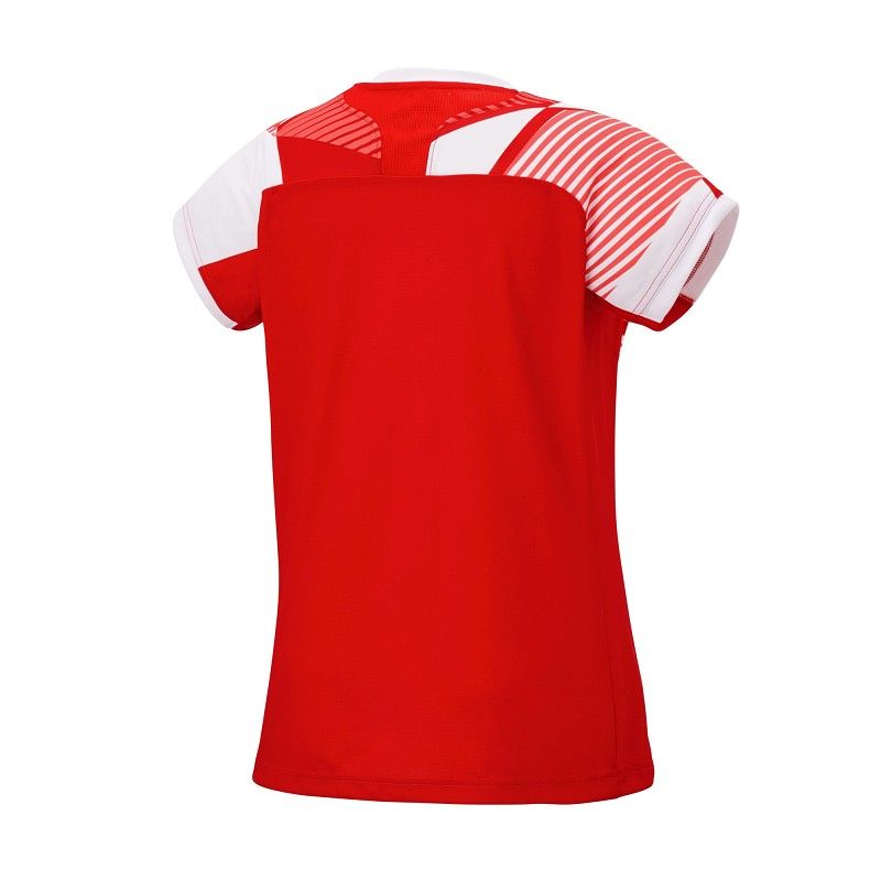 Rood-wit geometrisch patroon sportshirt met korte mouwen op een witte achtergrond