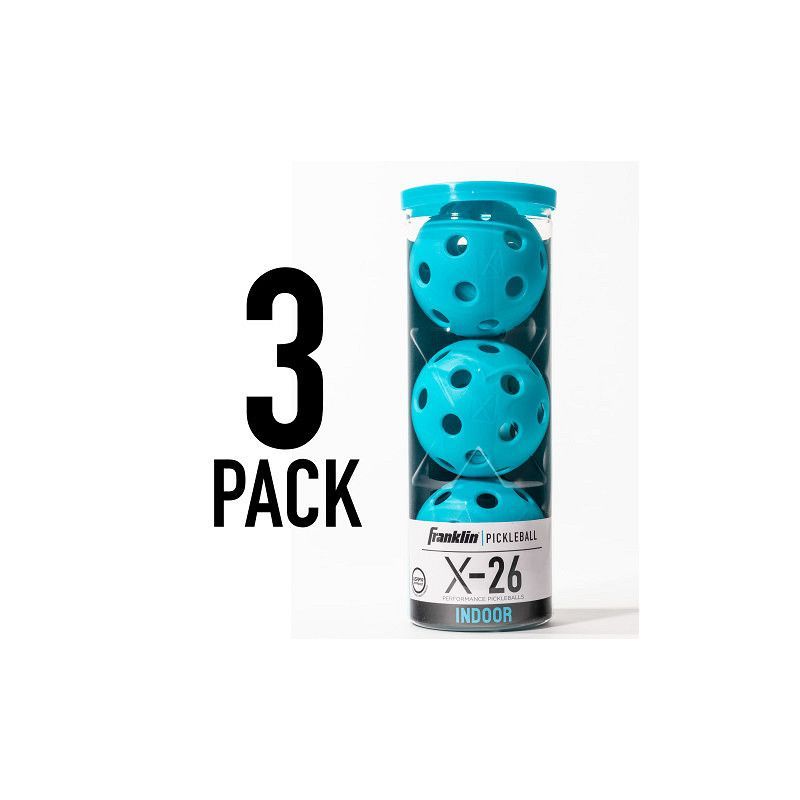 Set van 3 turquoise X-26 indoor jongleerballen in een transparante verpakking.
