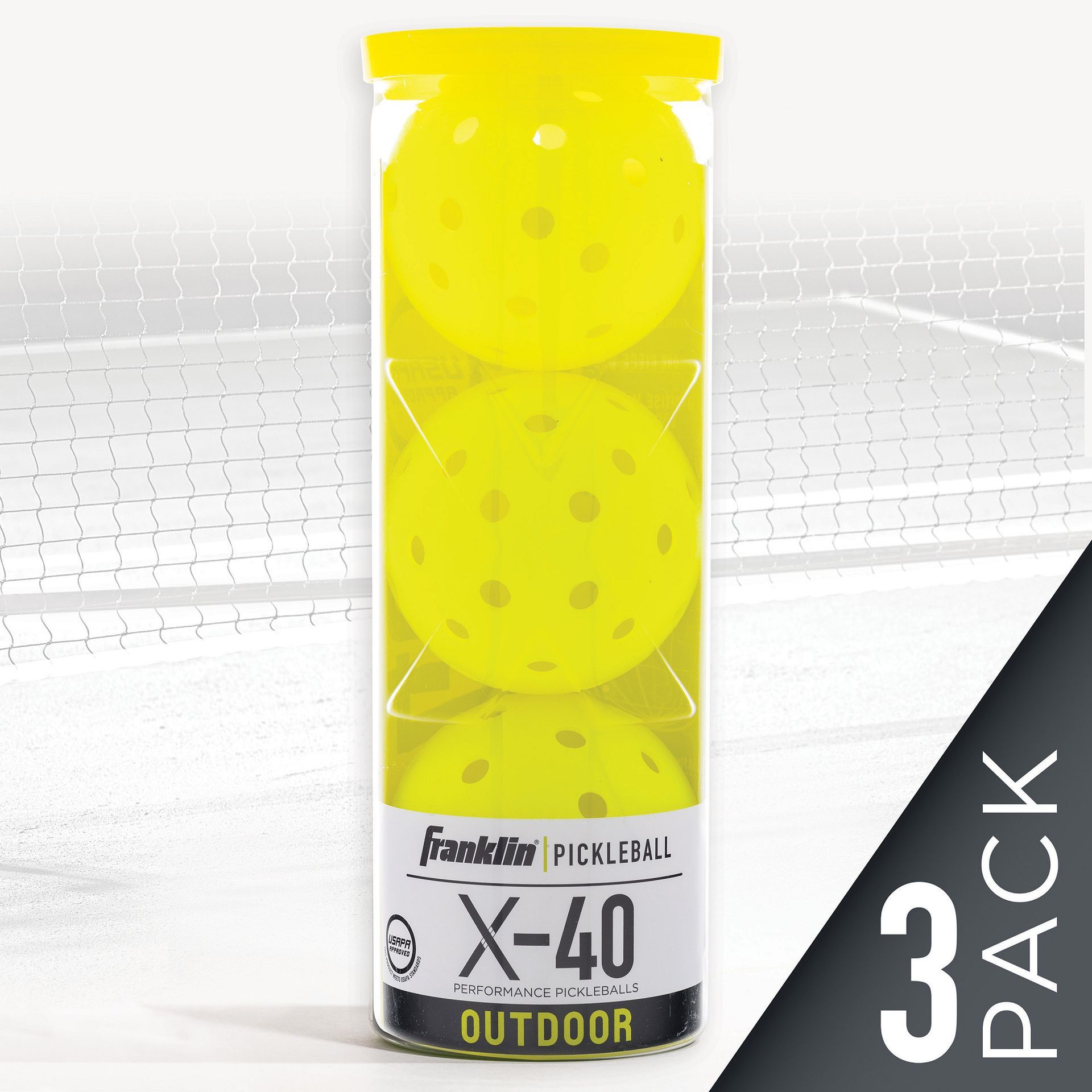 Een verpakking van drie gele Franklin X-40 pickleballballen voor buiten, in een transparante verpakking, op een witte achtergrond.