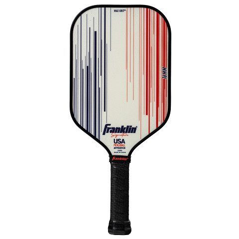 Franklin USA pickleball racket met wit, blauw en rood gestreept slagvlak en zwarte grip.