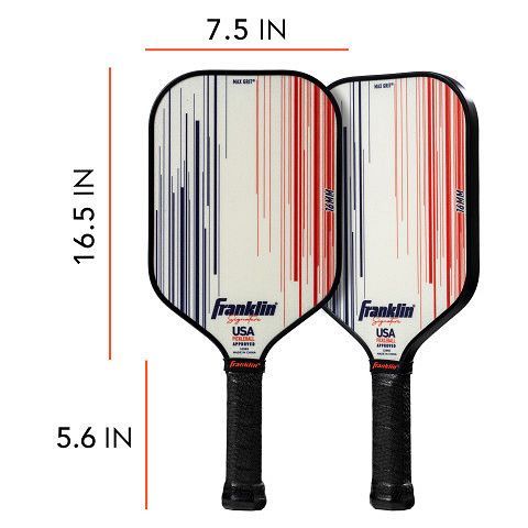 Franklin USA pickleball racket met wit, blauw en rood gestreept slagvlak en zwarte grip.