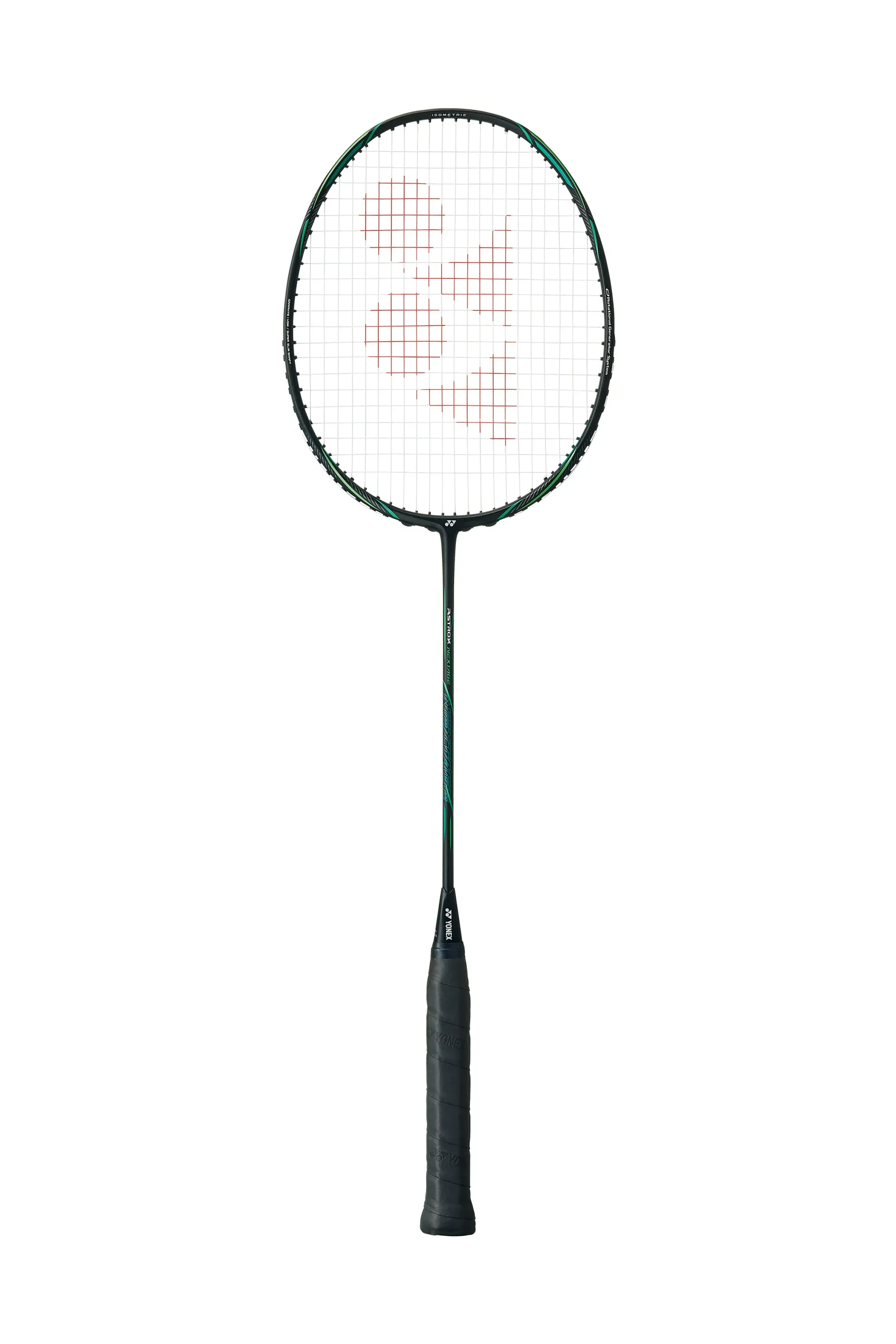 Badmintonracket met een zwart handvat en een ovale, bespannen kop op een witte achtergrond.