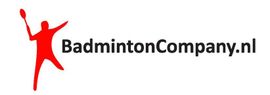 Het logo van badminton company.nl bestaat uit een rood silhouet van een persoon die een racket vasthoudt.