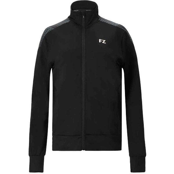 Zwarte sportjas met ritssluiting, lange mouwen en een klein logo op de borst.