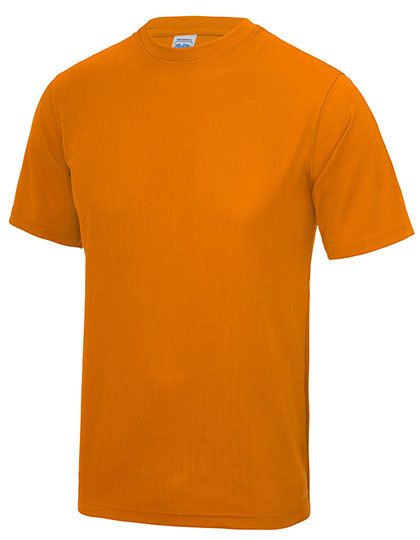 Oranje T-shirt met korte mouwen en ronde hals op een witte achtergrond.