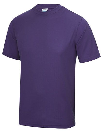 Paars T-shirt met korte mouwen en ronde hals op een effen witte achtergrond.