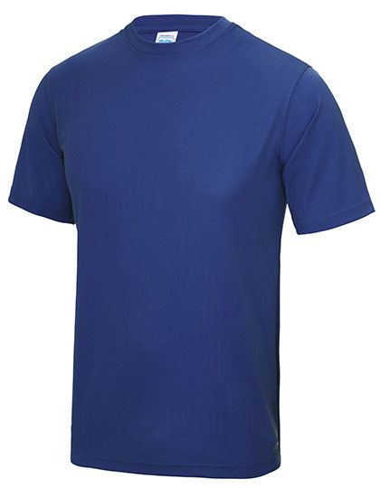Blauw T-shirt met korte mouwen en ronde hals op een witte achtergrond.