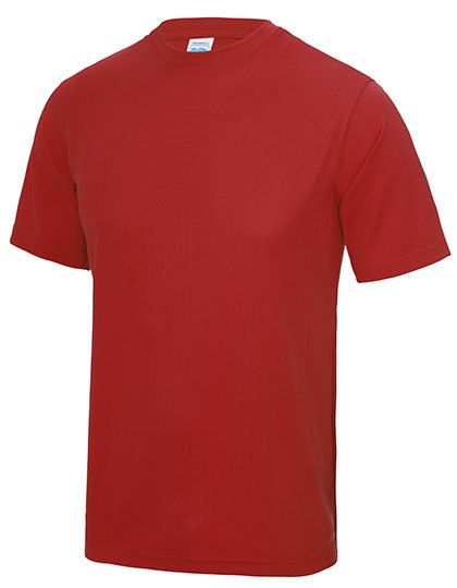 Rood T-shirt met korte mouwen en ronde hals op een witte achtergrond.