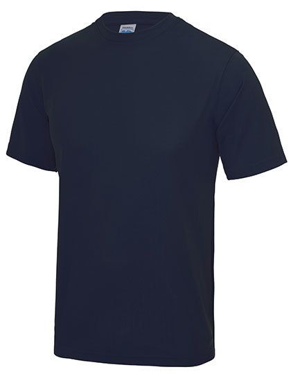 Donkerblauw T-shirt met korte mouwen op een effen witte achtergrond.