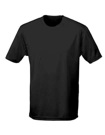 Zwart T-shirt met korte mouwen op een effen witte achtergrond.