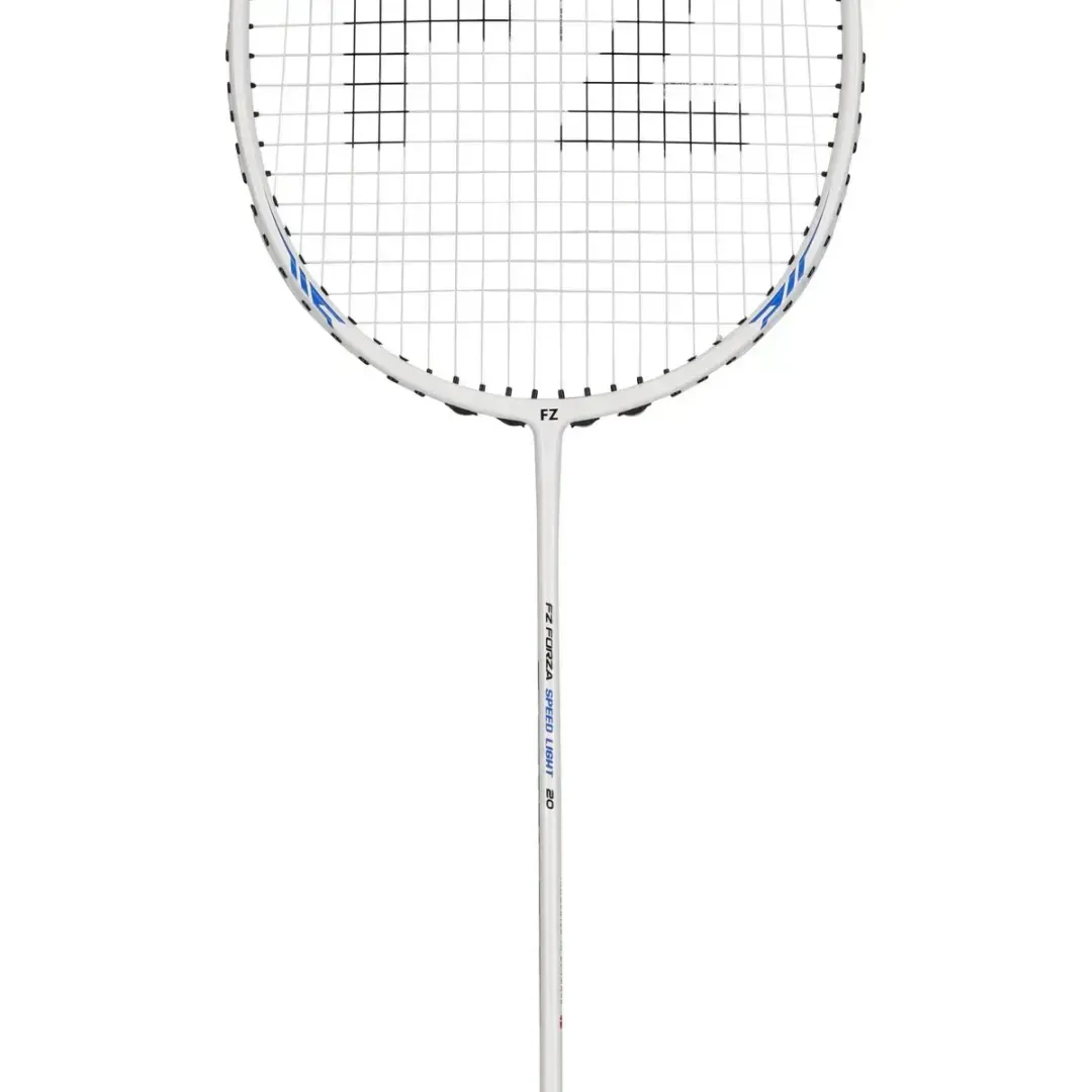 Wit tennisracket met blauwe accenten, snarenpatroon in de vorm van de letters