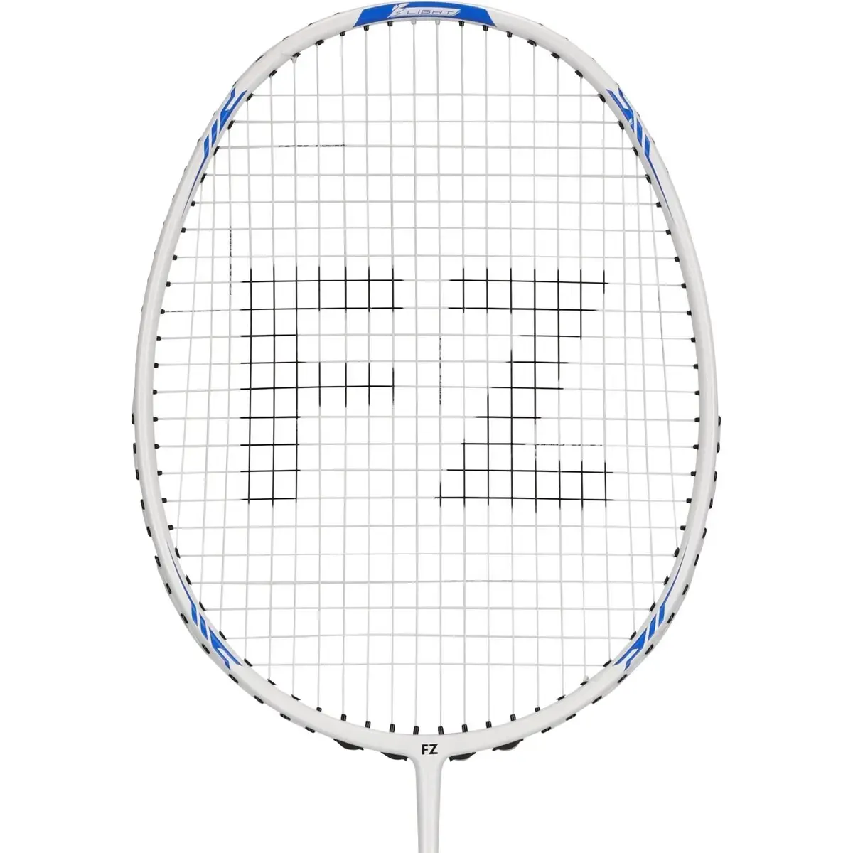Wit tennisracket met blauwe accenten, snarenpatroon in de vorm van de letters