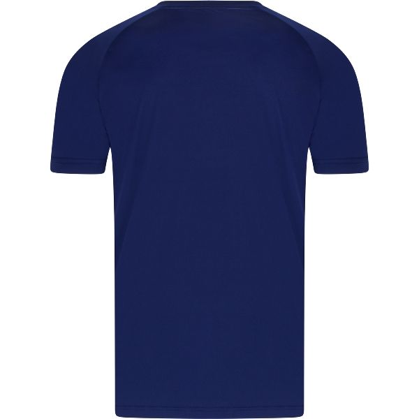 Blauw sportief T-shirt met turquoise diagonale strepen en korte mouwen.