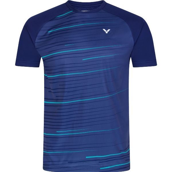 Blauw sportief T-shirt met turquoise diagonale strepen en korte mouwen.