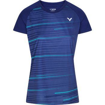 Blauw sportief T-shirt met korte mouwen, turquoise strepen en een klein wit logo op de borst.
