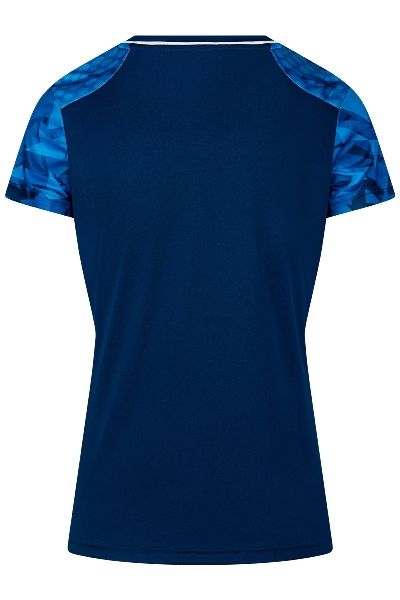 Blauw sportief shirt met geometrische print, V-hals, korte mouwen en een donkerblauwe onderkant.