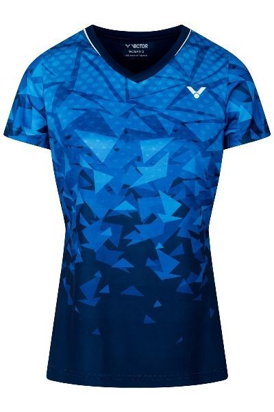 Blauw sportief shirt met geometrische print, V-hals, korte mouwen en een donkerblauwe onderkant.