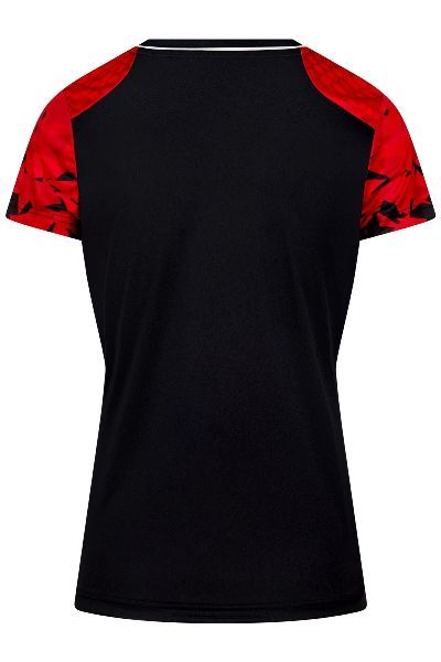Rood-zwart gestreept sportshirt met V-hals op een witte achtergrond