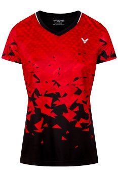 Rood-zwart gestreept sportshirt met V-hals op een witte achtergrond
