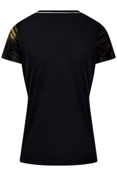 Zwart sportief T-shirt met V-hals, goudkleurig abstract patroon en klein wit logo op de borst.