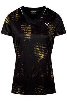 Zwart sportief T-shirt met V-hals, goudkleurig abstract patroon en klein wit logo op de borst.