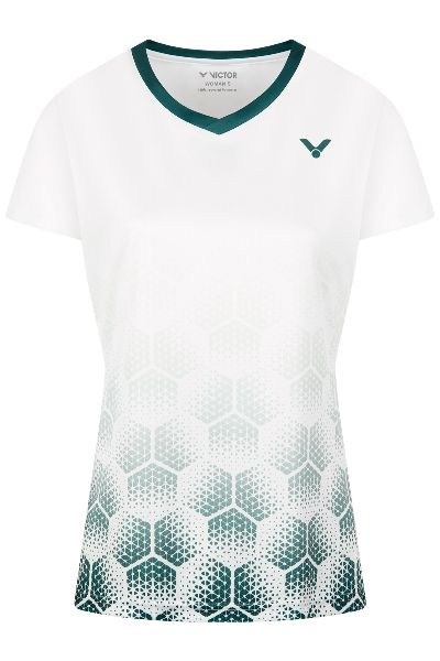Wit sportshirt met V-hals, turquoise bies en zeshoekig patroon aan de zoom.