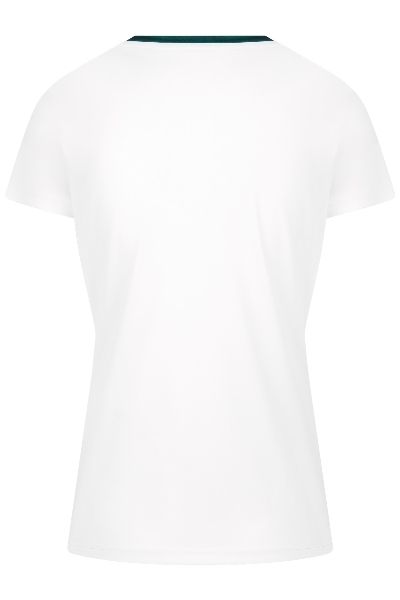 Wit sportshirt met V-hals, turquoise bies en zeshoekig patroon aan de zoom.