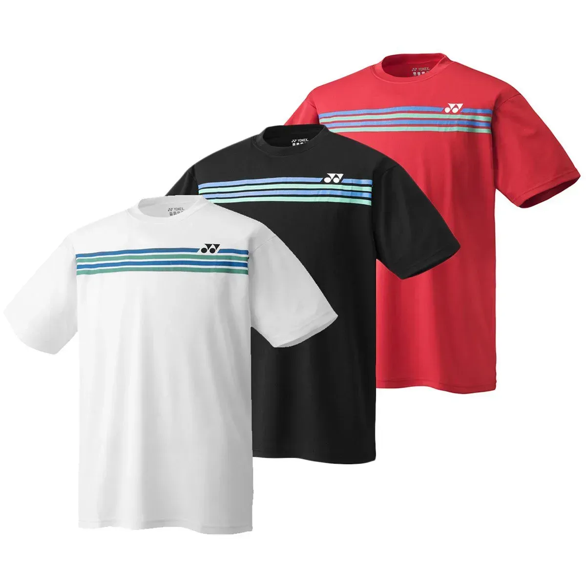 Zwart T-shirt met korte mouwen, blauwe, witte en groene strepen over de borst en een klein logo.