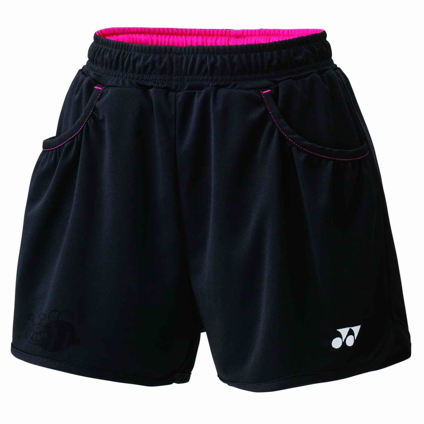 Een zwarte korte broek met een roze tailleband op een witte achtergrond.