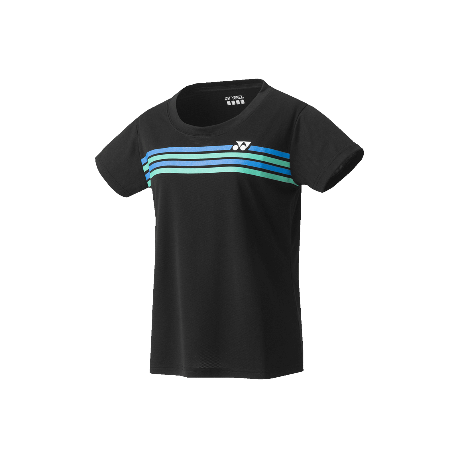 Zwart sportief T-shirt met blauwe en turquoise strepen over de borst op een witte achtergrond.