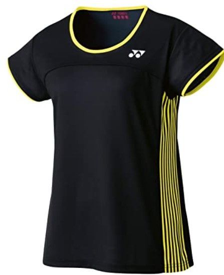 Zwart sportief T-shirt met gele bies en zijstrepen, vooraanzicht.