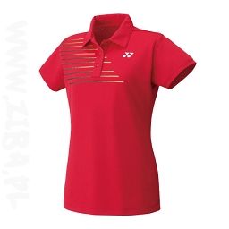 Rood poloshirt met korte mouwen, een kraag met knoopjes en een wit logo op de borst.
