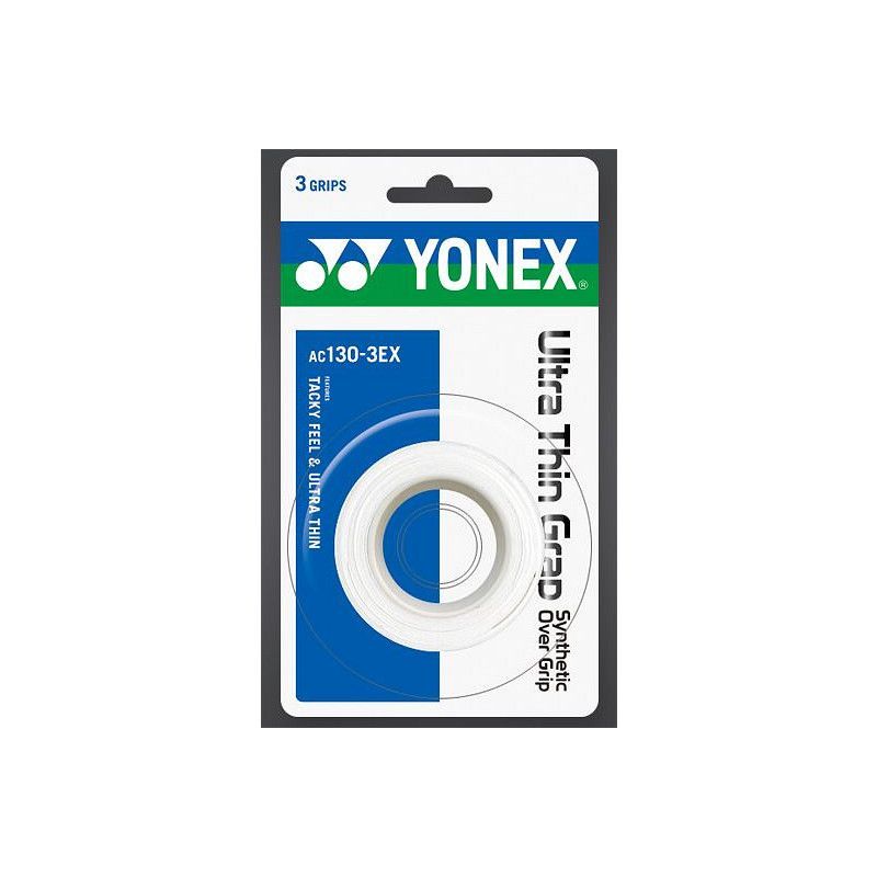 Yonex Ultra Thin Grip tape set in blauw, wit en zwart met een rol witte grip tape.