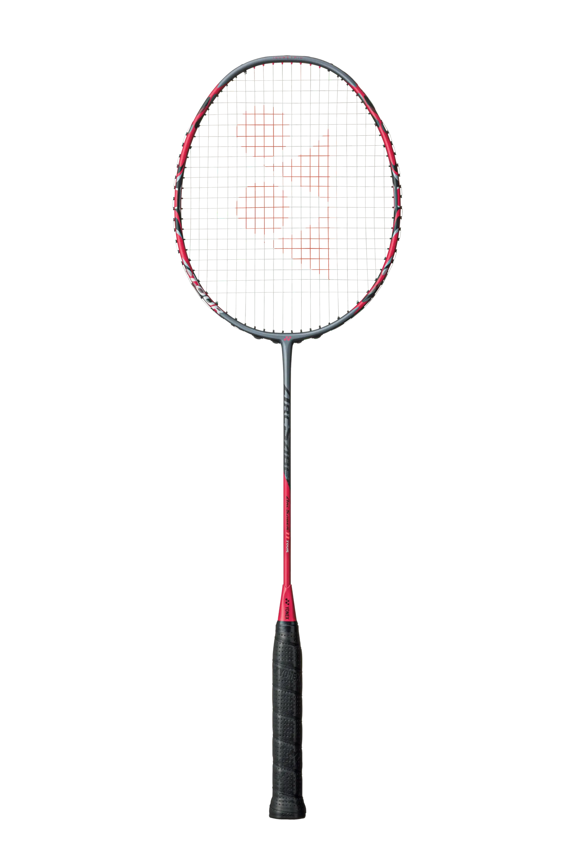 Badmintonracket met zwart handvat en rode accenten op een witte achtergrond.