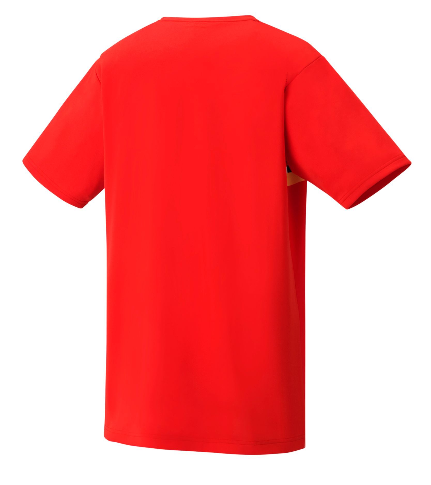 Rood T-shirt met een zwart-wit geblokte streep op de borst en een dunne gele band eronder.