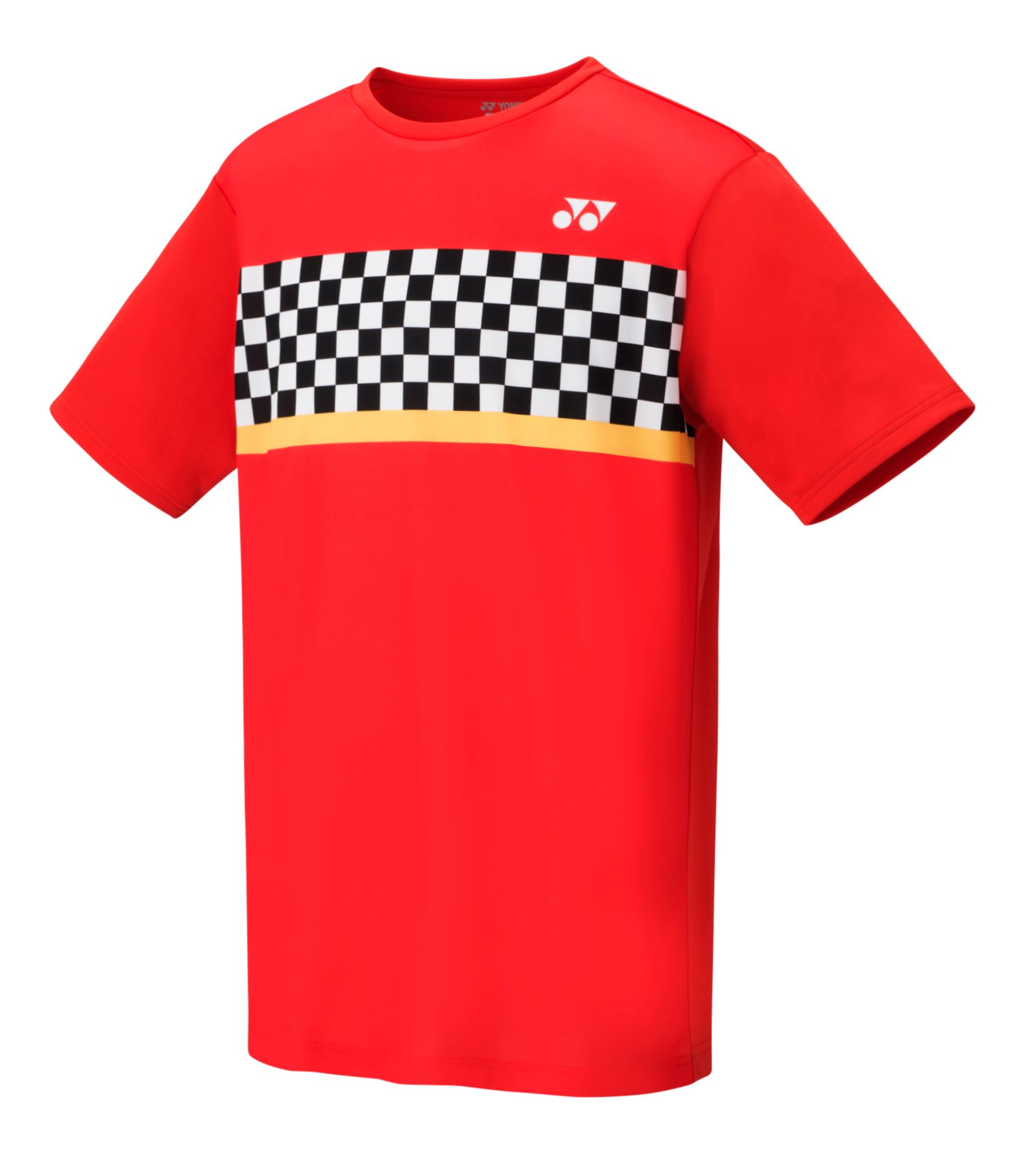 Rood T-shirt met een zwart-wit geblokte streep op de borst en een dunne gele band eronder.