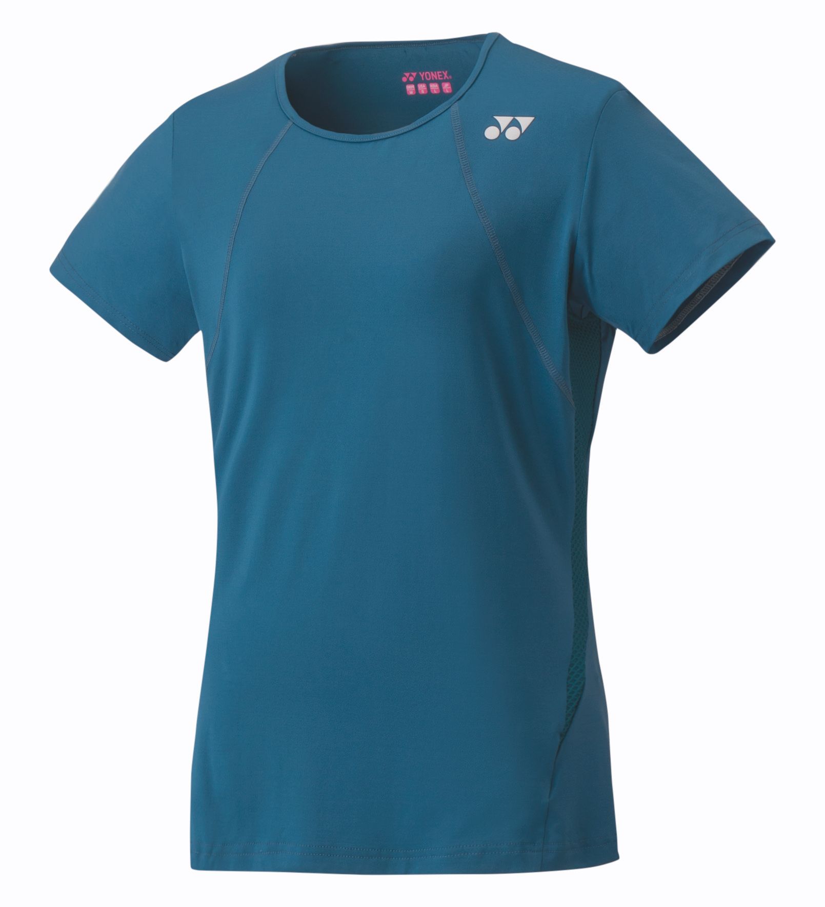 Blauw sportief T-shirt met korte mouwen en een klein logo op de borst.