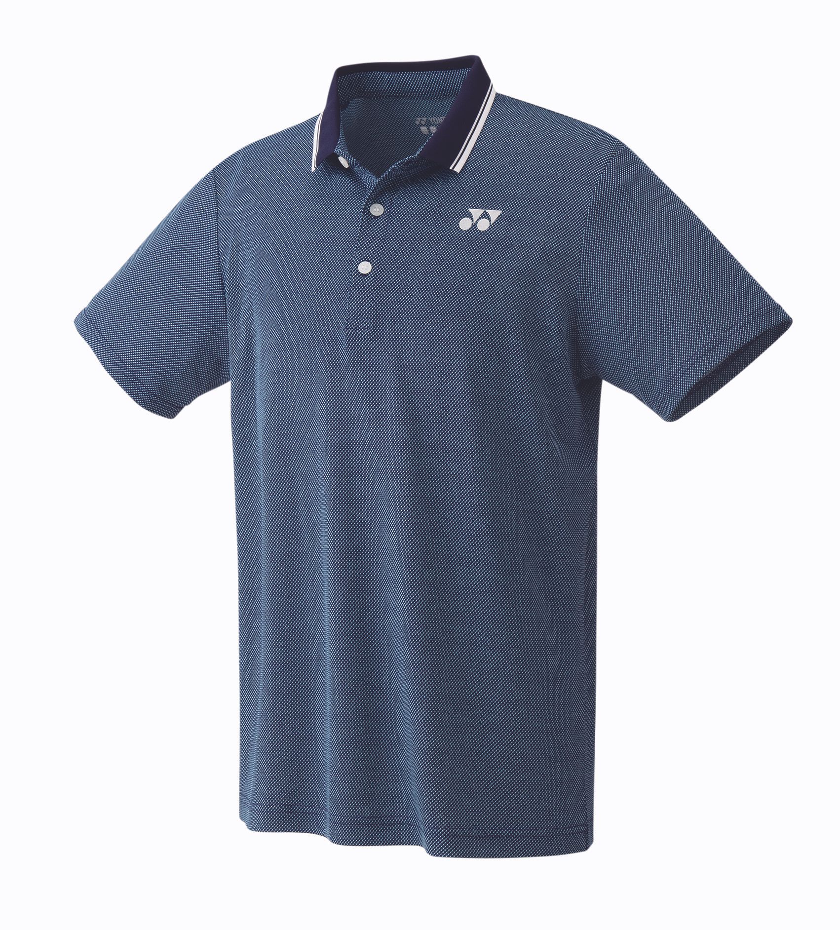 Marineblauwe polo met patroon, korte mouwen en gestreepte kraag op een witte achtergrond.