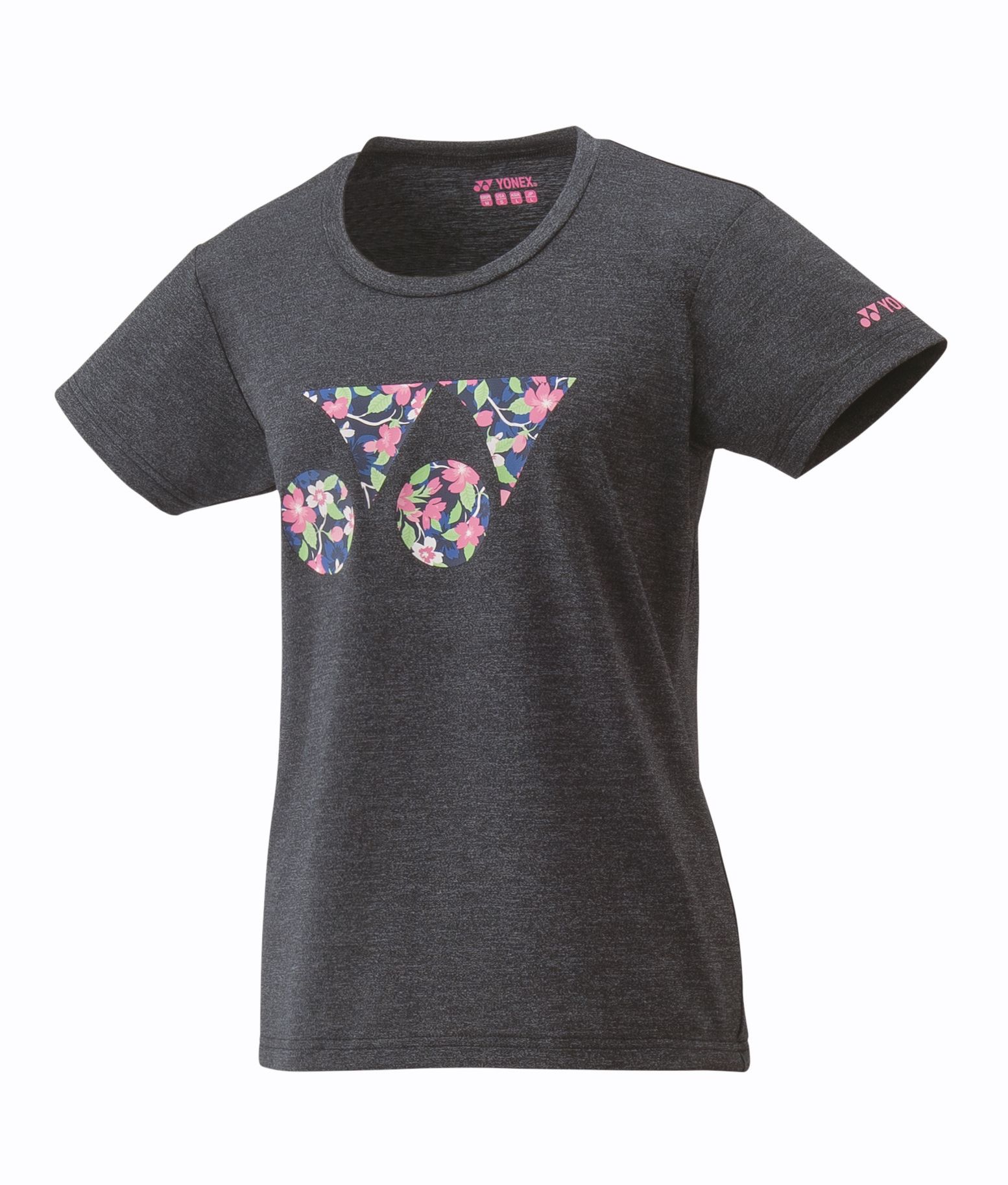Donkergrijs T-shirt met bloemenmotief van het vredesteken en roze logo op de mouw.