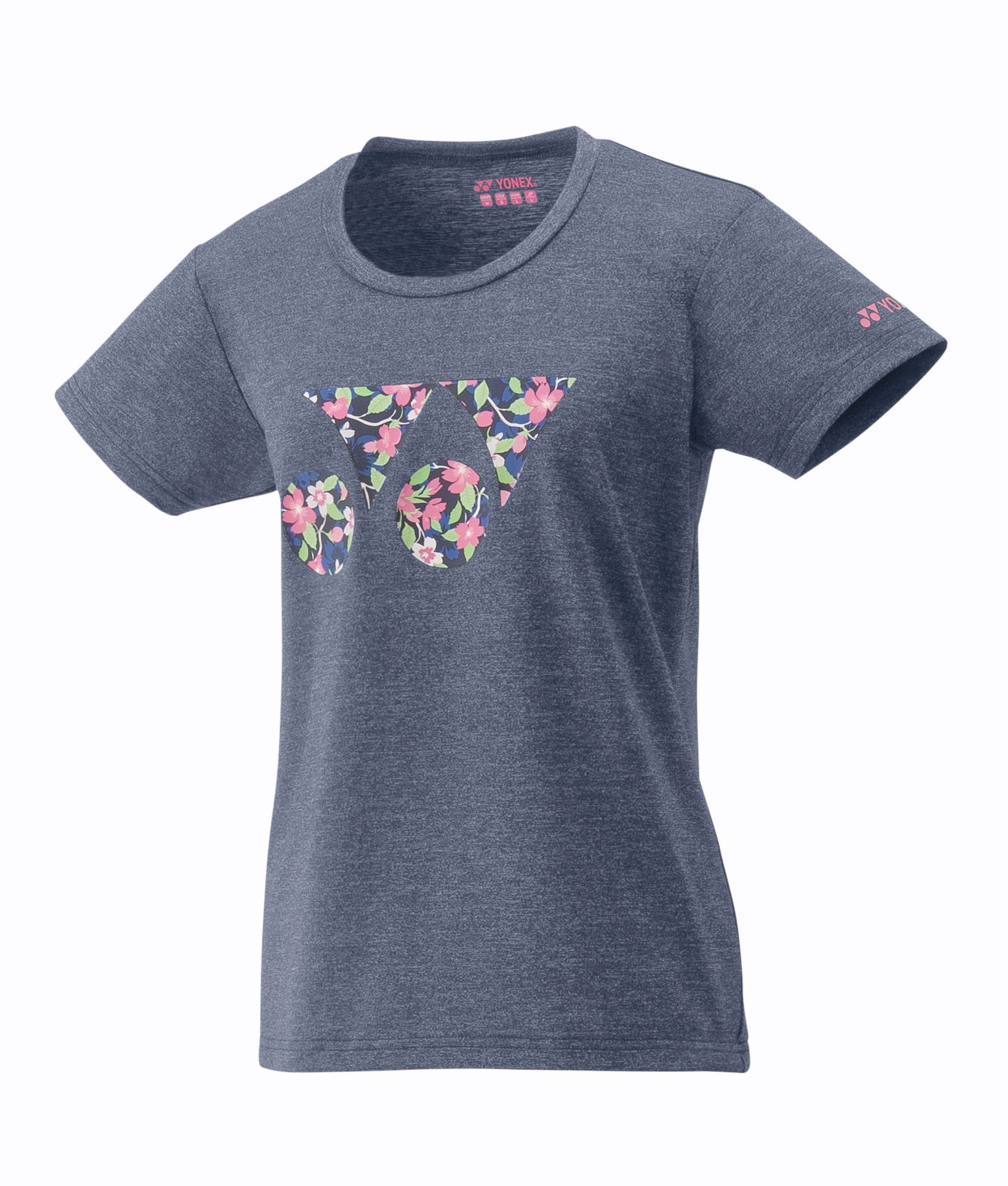 Grijs T-shirt met korte mouwen, een bloemenhartmotief op de borst en roze tekst op de mouw.