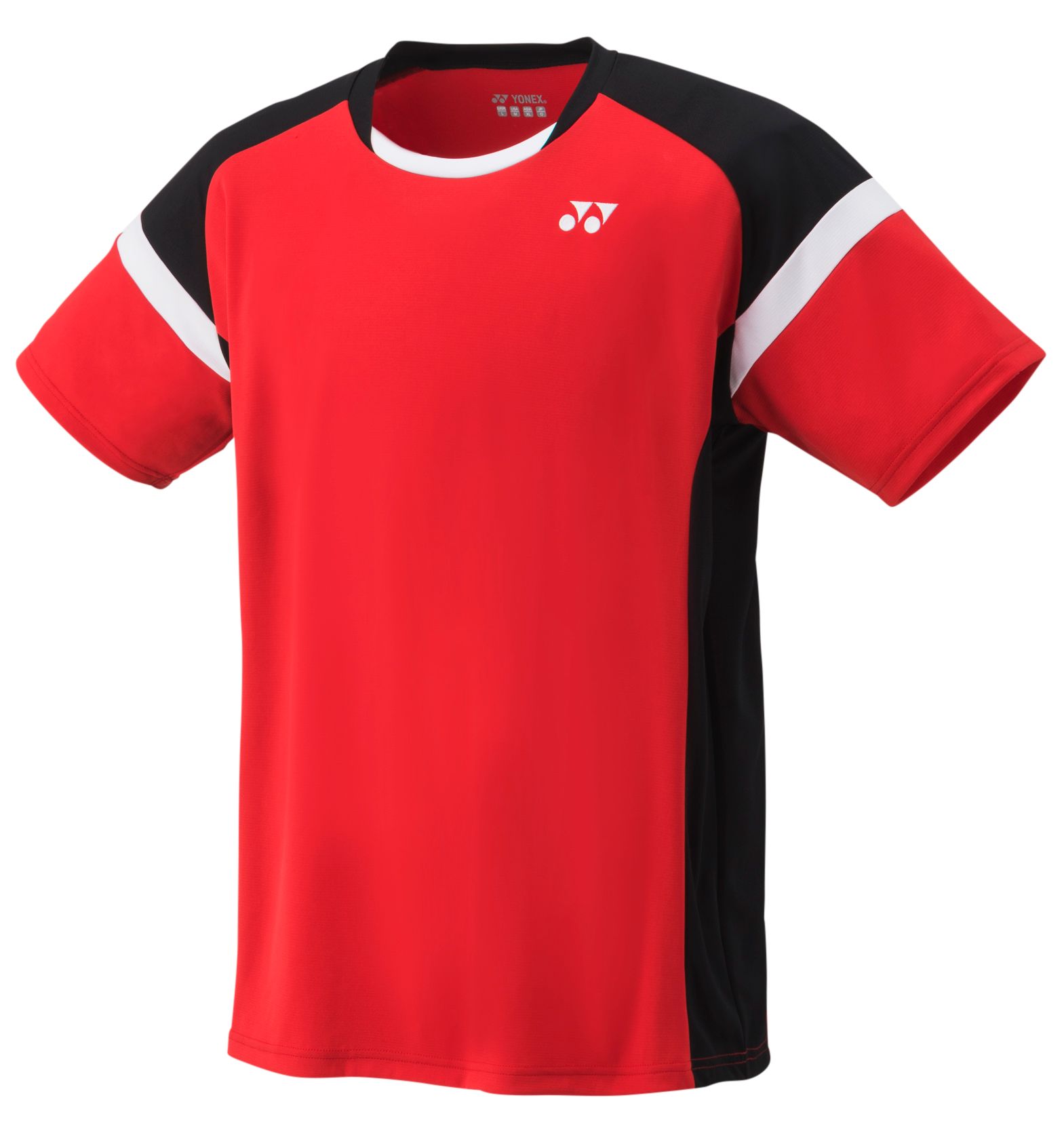 Rood en zwart sportief T-shirt met witte schouderaccenten, afgebeeld op een effen achtergrond.