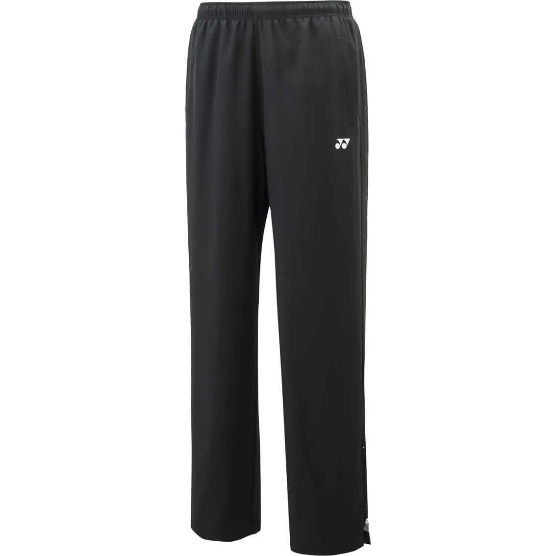 Zwarte sportbroek met elastische tailleband en klein wit logo.