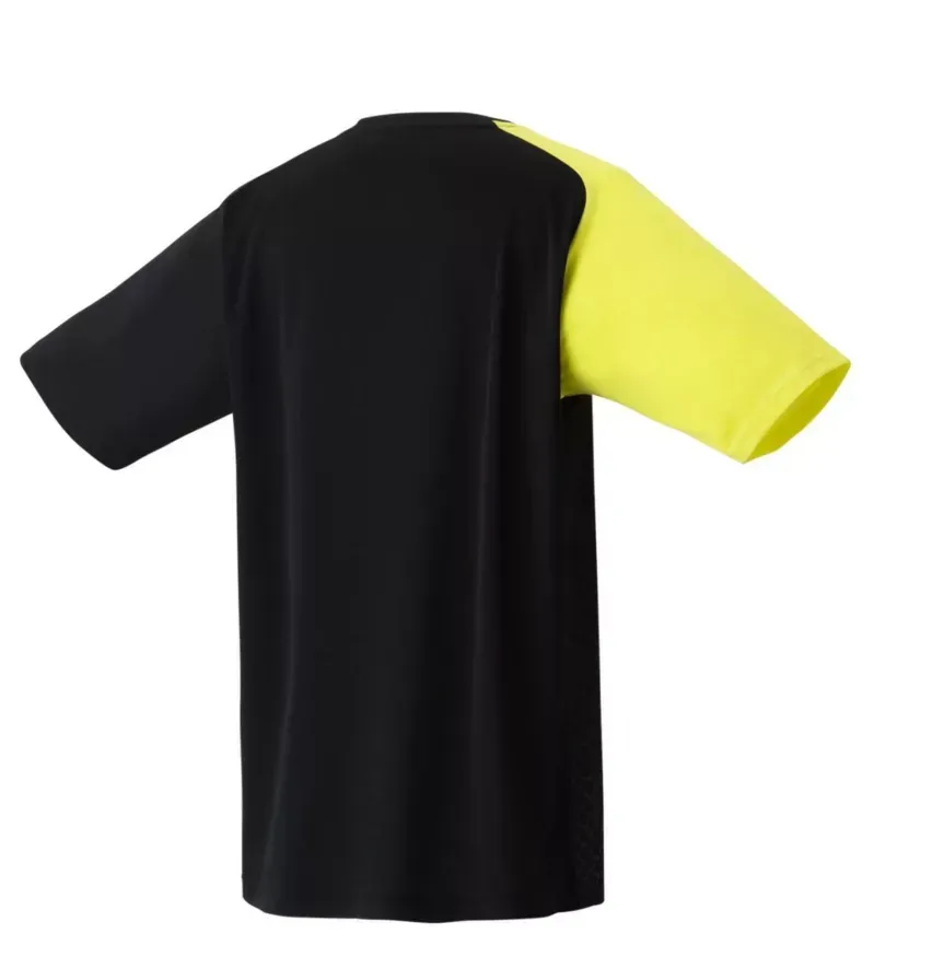 Zwart en neongeel gestreept sportshirt met één gele mouw en zwarte mouwen.