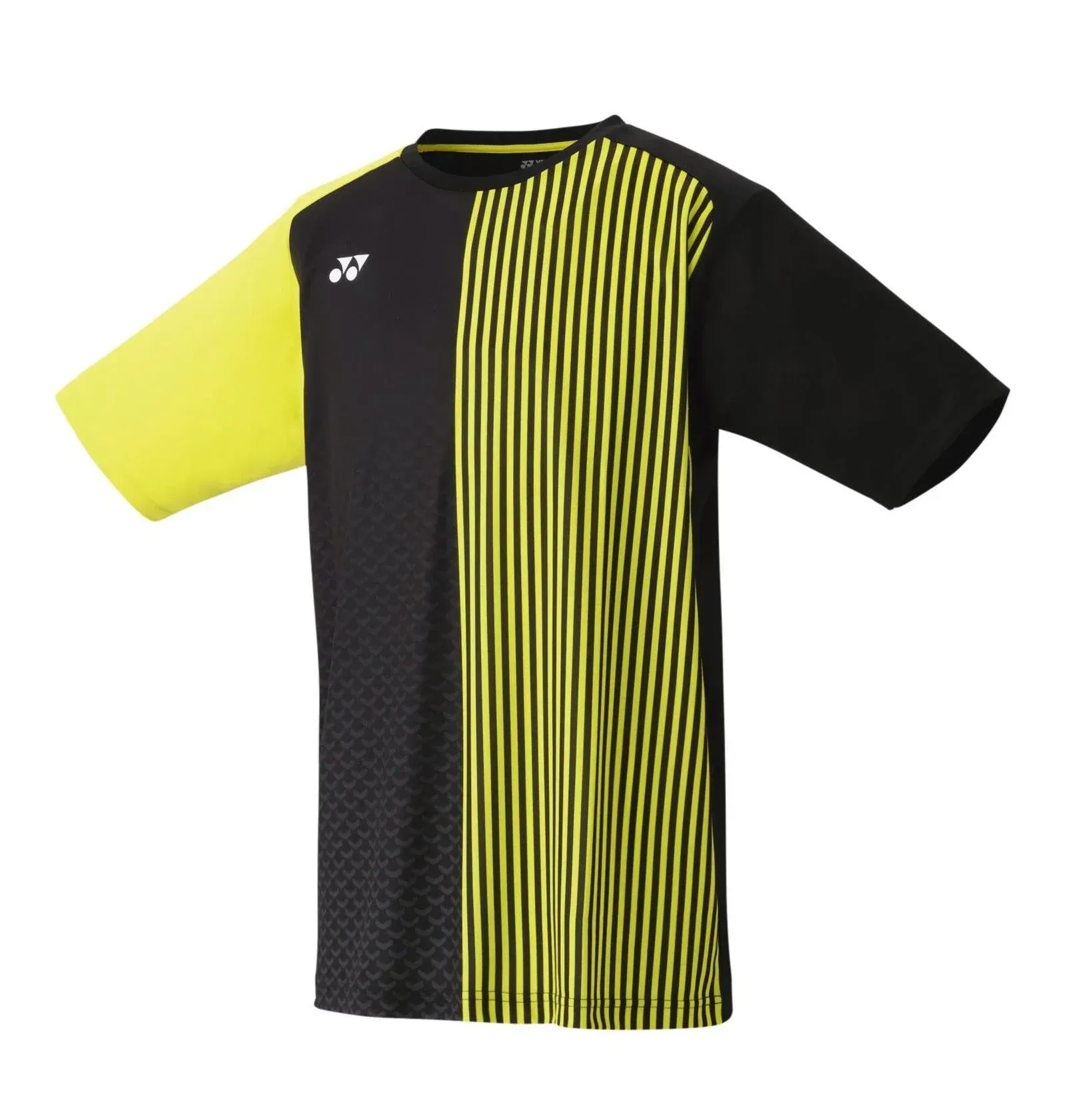 Zwart en neongeel gestreept sportshirt met één gele mouw en zwarte mouwen.