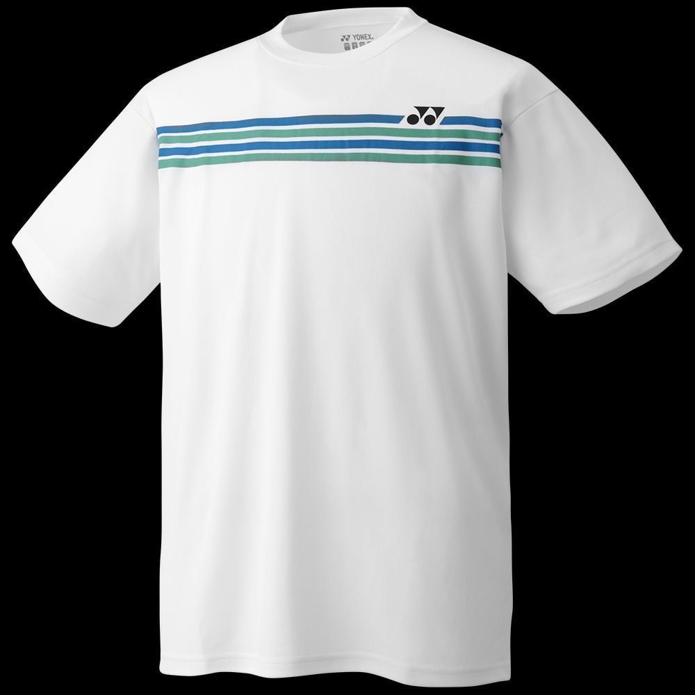 Wit sportief T-shirt met blauwe en groene horizontale strepen op de borst en een klein logo op de bovenkant van de borst.