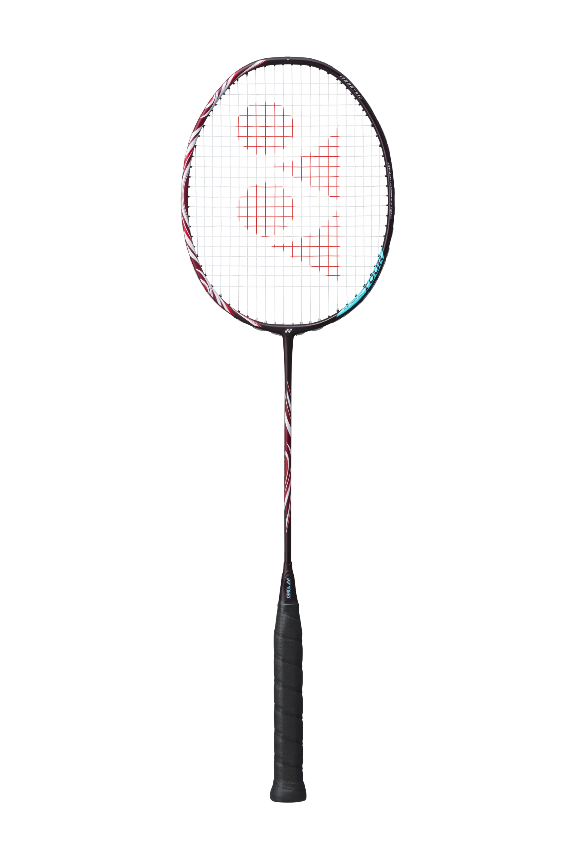 Op een witte achtergrond is een badmintonracket van Yonex te zien.