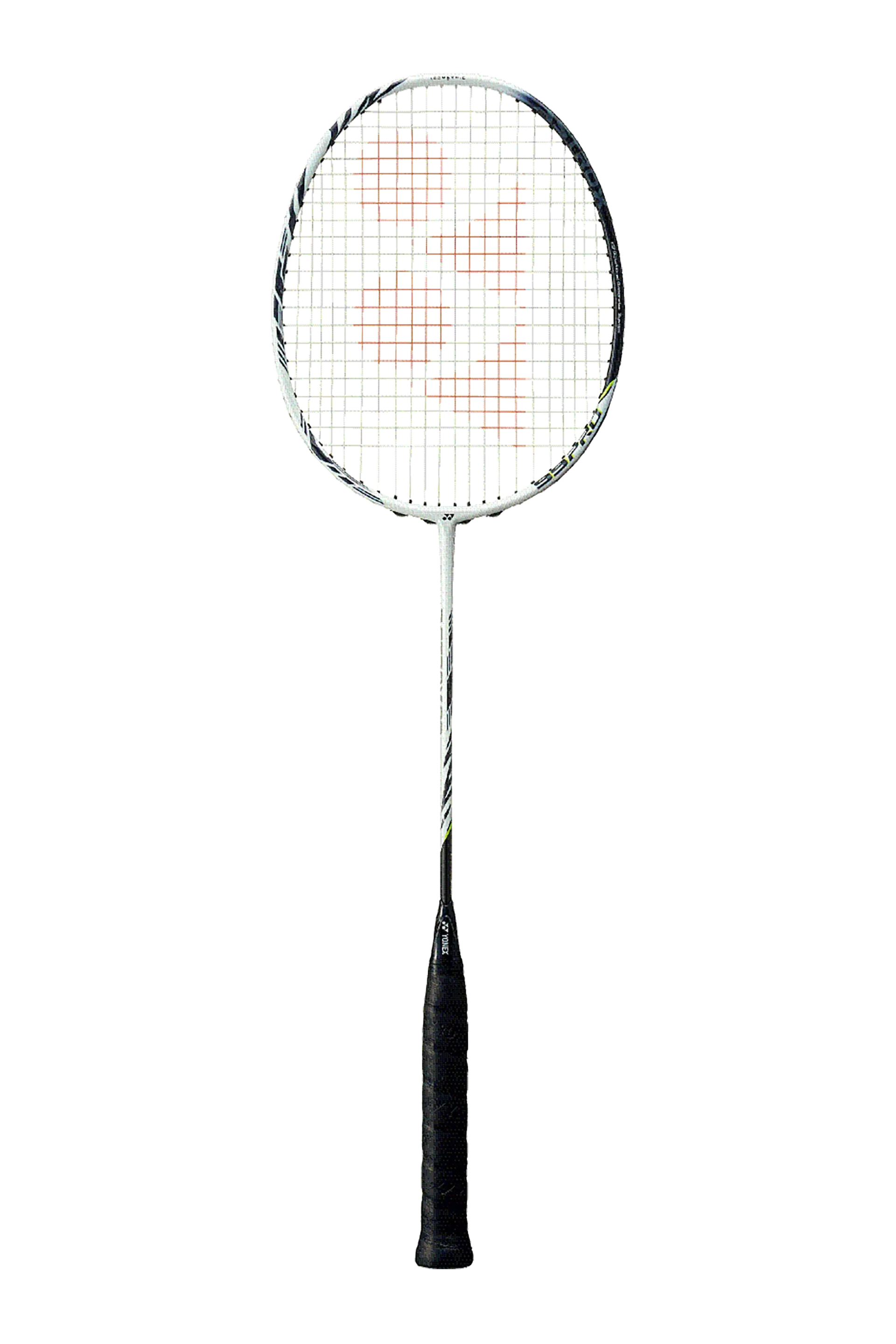 Een badmintonracket met een zwarte handgreep op een witte achtergrond.