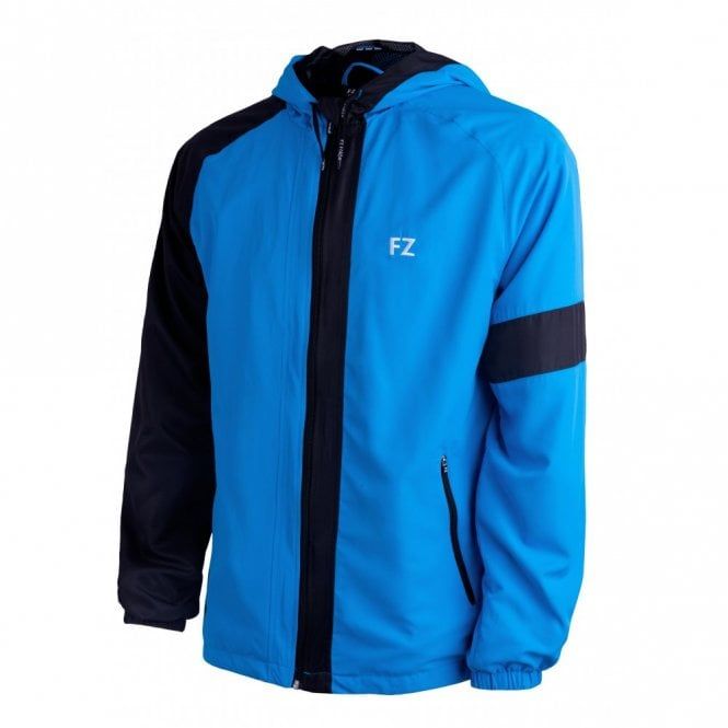 Blauw-zwarte jas met capuchon en ritssluiting, met FZ-logo op een witte achtergrond.