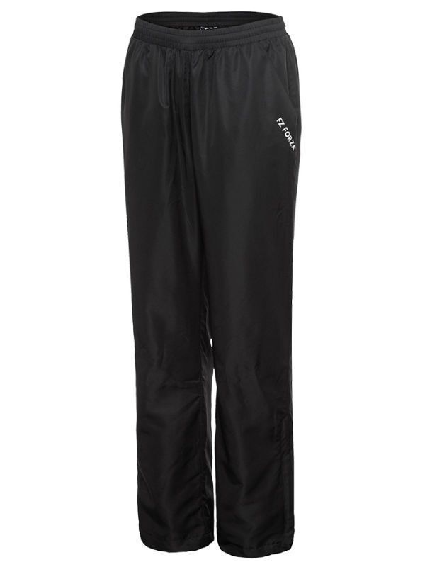 Zwarte sportbroek met elastische tailleband en taps toelopende pijpen.
