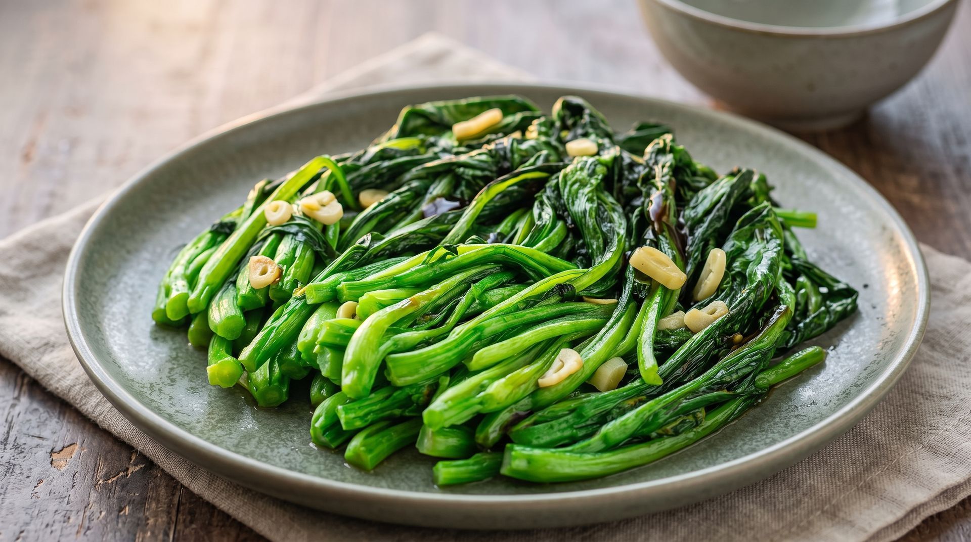 Plate of sautéed green vegetables with garlic on a gray dish